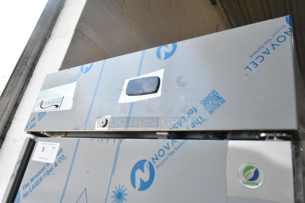 Brand new Avantco 447AP23R stainless steel cooler, single door, scratch and dent, poly coated racks, 115V, 1 phase.