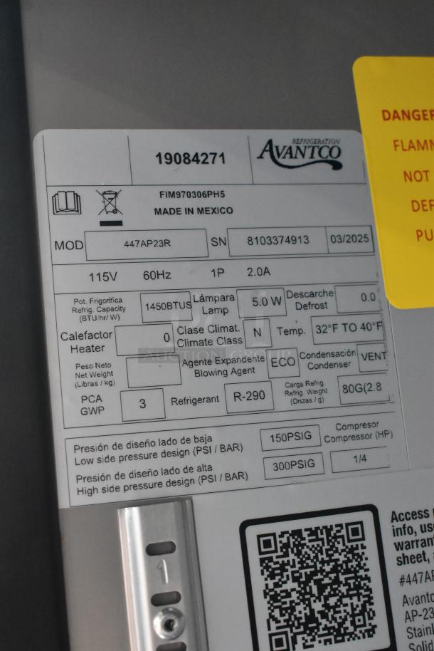 Brand new Avantco 447AP23R stainless steel single door cooler label. 115V, made in Mexico, R-290 refrigerant.