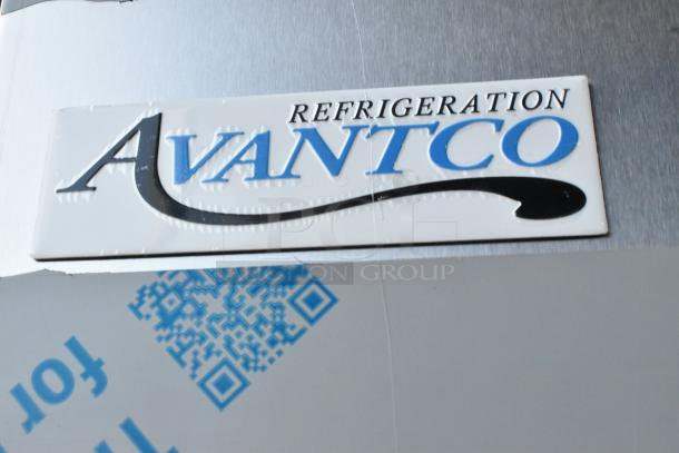 Stainless steel Avantco logo on a 2025 model 447AP23R commercial cooler. Scratch and dent condition.