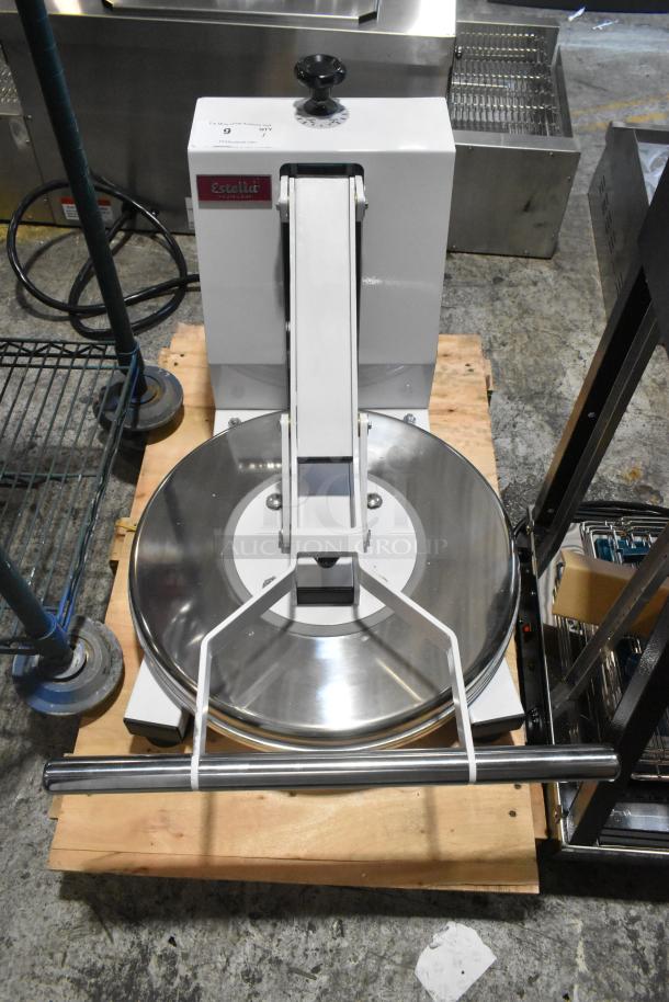 Brand new Estella 348DPC18NH 18" manual clamshell pizza dough press, no heat. Minor scratches, durable metal construction.