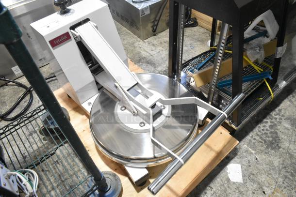 Brand new Estella 348DPC18NH 18" manual clamshell pizza dough press, no heat, with minor scratches, visible model label.