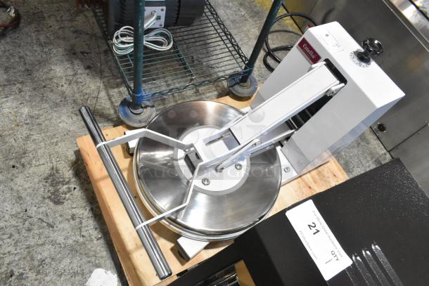 Estella 348DPC18NH 18" manual clamshell pizza dough press, brand new scratch and dent, no heat, on wood pallet.