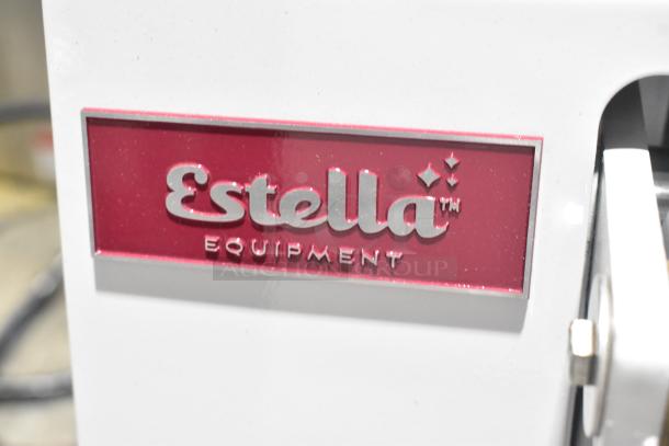 Brand new Estella 348DPC18NH 18" manual clamshell pizza dough press. Scratch and dent condition. Logo prominently displayed.