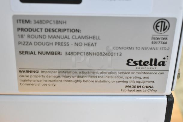 BRAND NEW Estella 348DPC18NH 18" Manual Clamshell Pizza Dough Press, no heat; scratch and dent condition, serial 348DPC18NH082400113, commercial use.