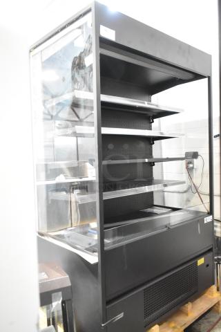 Brand new Avantco 193VOA48B open air merchandiser, 47" black, LED lighting, extra deep shelves, broken left side glass pane, 115V.
