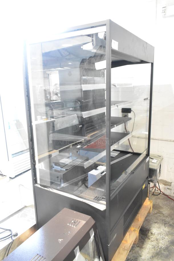 Avantco 193VOA48B black vertical open air merchandiser with LED lighting; broken left side glass pane visible.