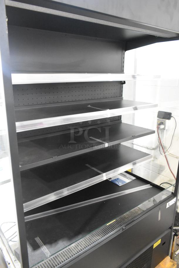 Avantco 193VOA48B 47" black vertical open-air merchandiser, LED lighting, broken left glass pane, 115V, 1 phase.