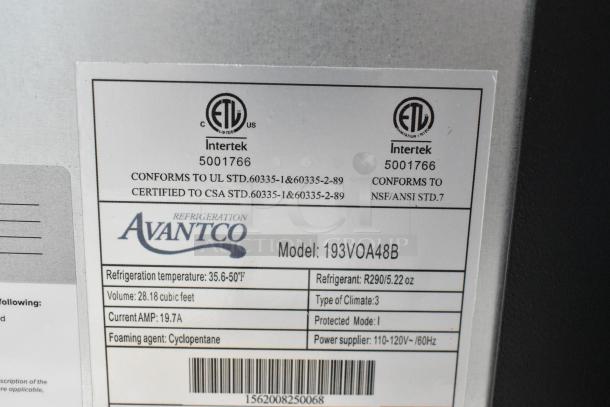 Avantco 193VOA48B open air merchandiser label; 115V, 1 phase, LED lighting, broken left side glass, ETL certified.