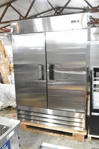 Brand new 2024 Avantco 178A49RHC stainless steel 2-door commercial cooler, scratch and dent condition, 115V, 1 phase.