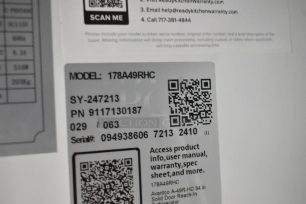 Alt text: "Avantco 178A49RHC label with model, serial numbers, QR codes for product info, user manual, and warranty access."