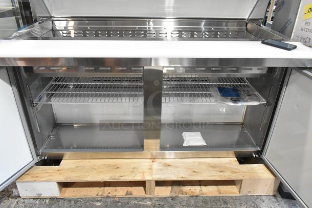 Brand new 2024 Avantco 178APT60MHC stainless steel commercial sandwich prep table, bain marie top, with visible wiring.