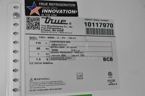 True TSCI-600R-G-PH commercial cooler label, details model, voltage, refrigerant, pressures, serial number 10117970.