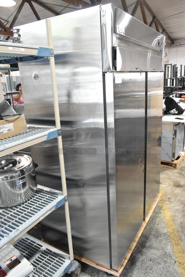 Brand new Avantco 178Z2RHC stainless steel 2-door commercial cooler with minor scratches, on casters, 115V, 1 phase.
