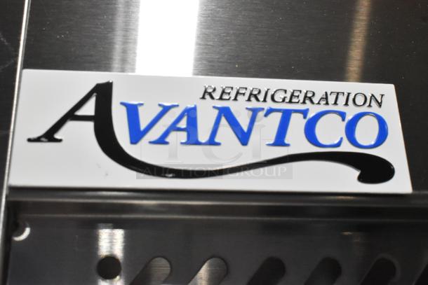 Avantco logo on stainless steel surface, indicating a 2024 model 178Z2RHC reach-in cooler with commercial casters.