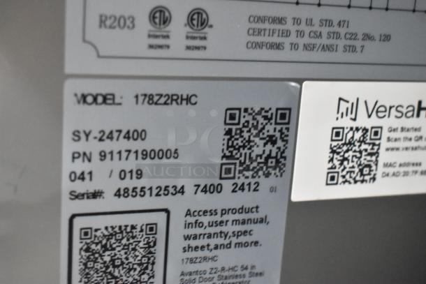 Alt Text: Model label for Avantco 178Z2RHC stainless steel commercial cooler. Shows QR codes, model, serial, and certification info.