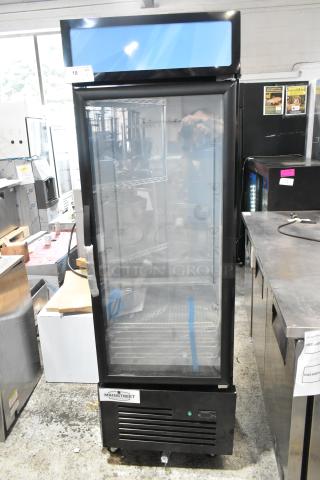 Brand new Mainstreet 829GMC12B glass door merchandiser fridge, scratch and dent, 23 5/8" black metal, 115V, 1 phase.