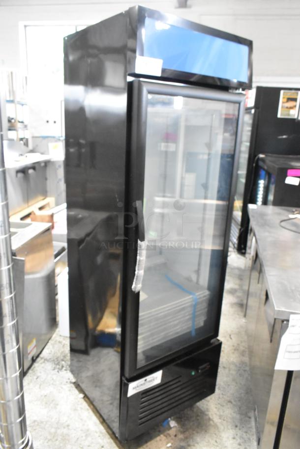 Mainstreet 829GMC12B black swing glass door merchandiser refrigerator, 23 5/8", brand new with minor scratches, 115V, 1 phase.