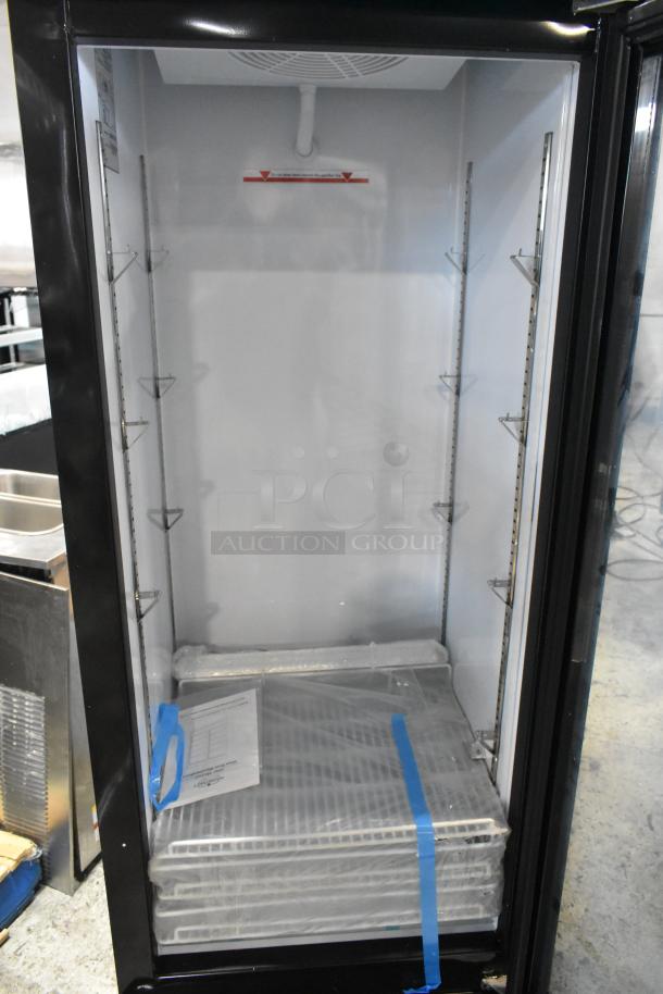 Mainstreet 829GMC12B refrigerator, black metal, single swing glass door, brand new, 115V. Includes shelves, scratch and dent condition.