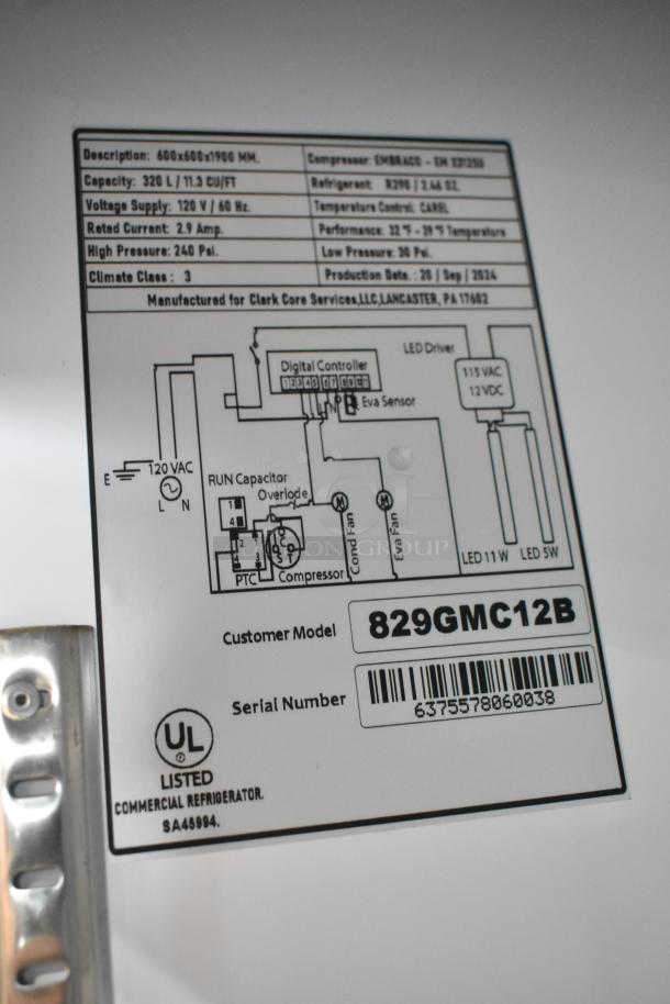 Mainstreet 829GMC12B label showing model, serial number, and UL certification. 115V, 1 phase commercial refrigerator.
