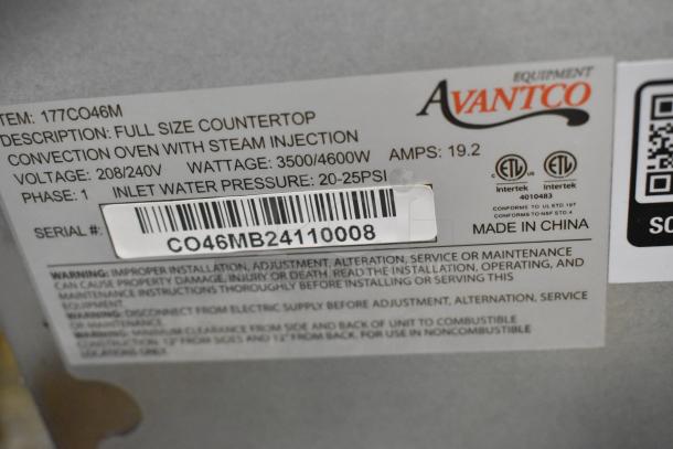 Avantco 177CO46M stainless steel convection oven label showing model, voltage, wattage, and serial number. Made in China.