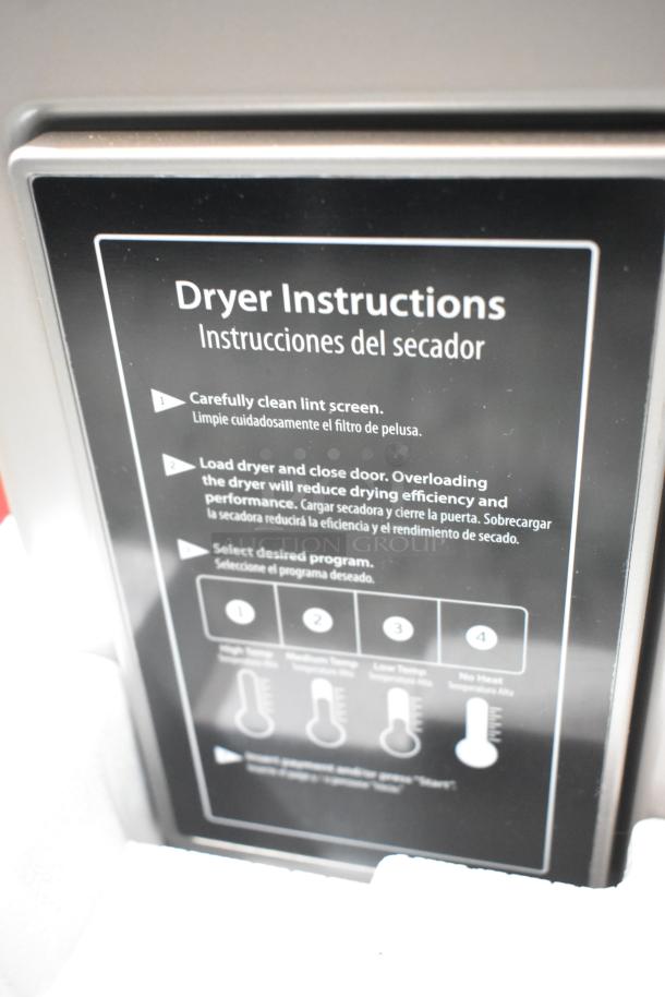 Crossover DLHS0817EC2 7 cu. ft. front load dryer, scratch and dent condition. Features instruction panel for operation.