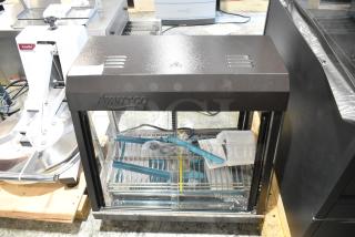 Brand new 2024 Avantco 177HDC26 26" countertop heated display case, black finish, three shelves, sliding doors, scratch and dent condition.