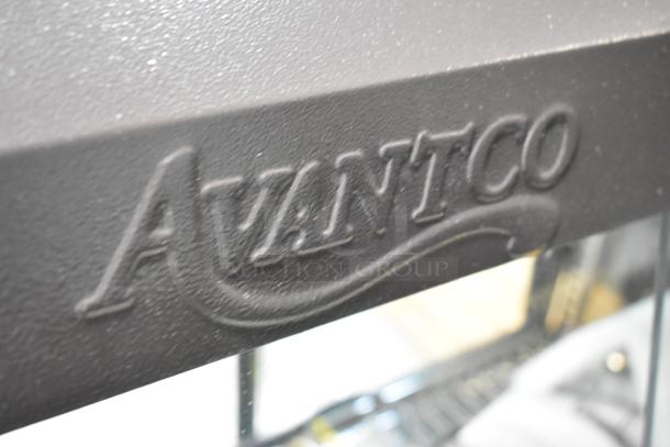 Avantco logo on the 2024 Avantco 177HDC26 26" heated display case. Features include 3 shelves, sliding doors, and 120V. Scratch and dent status.