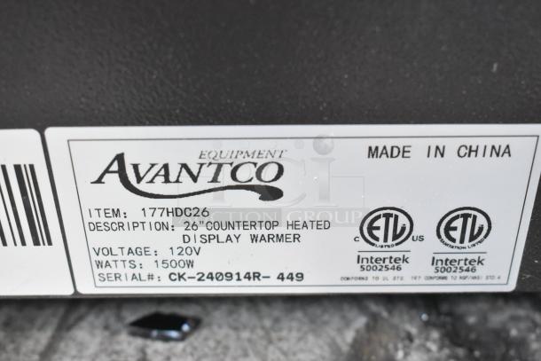Avantco 177HDC26 label showing 26" countertop heated display case, 120V, 1500W, serial CK-240914R-449, made in China.