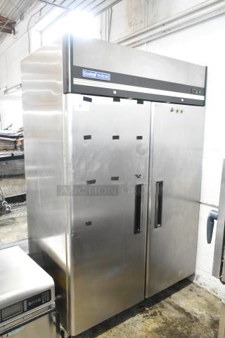 Central 69K-032HC stainless steel 2-door reach-in cooler. Features poly-coated racks, 115V, 1 phase. Visible logo and control panel.