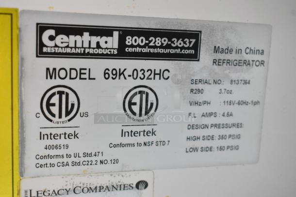 Central 69K-032HC Stainless Steel 2 Door Cooler label showing model, ETL certification, serial number, and specs.