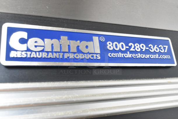 Close-up of Central Restaurant Products label on 69K-032HC model cooler, showing contact info and branding.