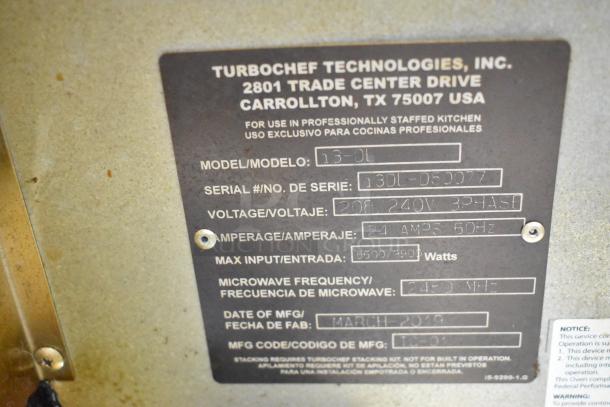 2019 Turbochef i3-DL stainless steel commercial rapid cook oven label, showing model, serial numbers, voltage, and amperage.