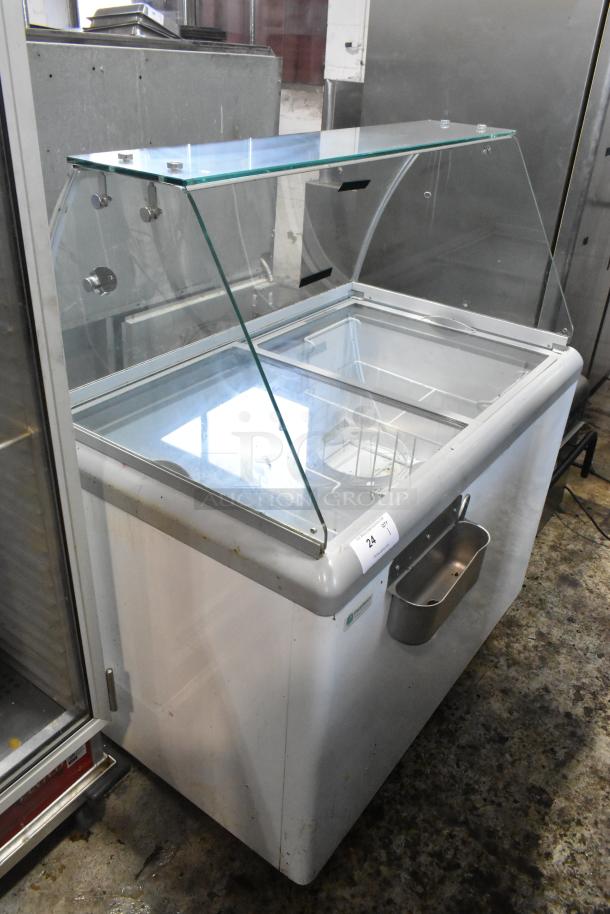 Excellence HL-11HC commercial chest freezer with sneeze guard, 115 volts, 1 phase, used condition, metal exterior.