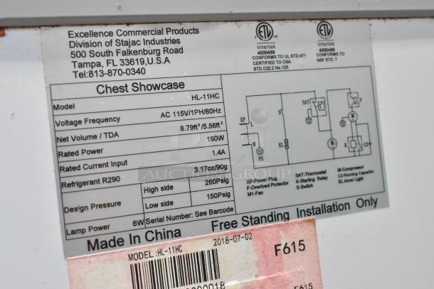 Excellence HL-11HC metal chest freezer label. 115V, 1 phase. Includes specs and contact info. Made in China. Model HL-11HC.