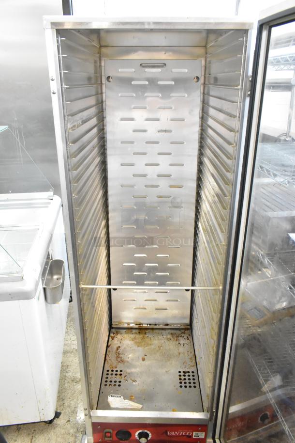 Avantco 177HEAT1836 commercial heated holding cabinet, metal body, on casters, 120V, 1 phase, interior shelving visible, used condition.
