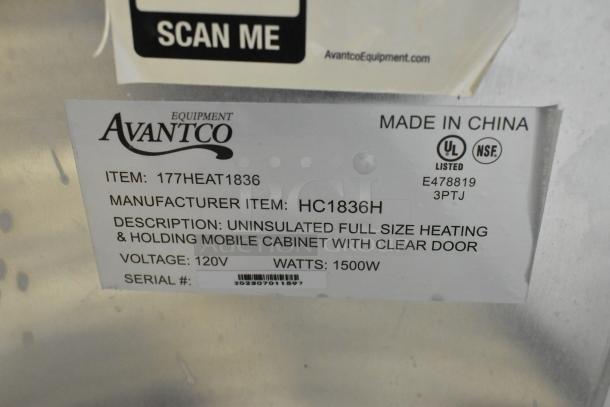 Avantco 177HEAT1836 heated holding cabinet label showing model, 120V, 1500W, UL listed, NSF certified, made in China.
