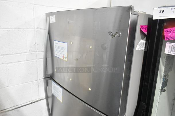 2016 Whirlpool WRT511SZDM00 stainless steel refrigerator with freezer. Used condition, 115V, 1 Phase. Visible labels and signs of wear.