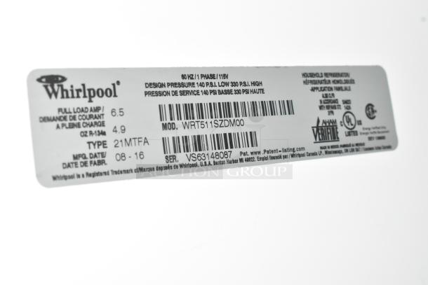 2016 Whirlpool WRT511SZDM00 stainless steel cooler with freezer, 115V, 1 Phase, model number visible on label.