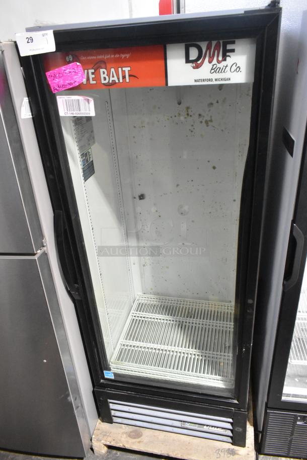 2023 True GDM-12-HC commercial single door reach-in cooler, poly-coated racks, visible sticker, Waterford MI logo, 115V, 1-phase.
