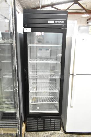 2019 Habco SE18 single door reach-in cooler, black metal finish, with poly-coated racks, model label visible, 115 volts.