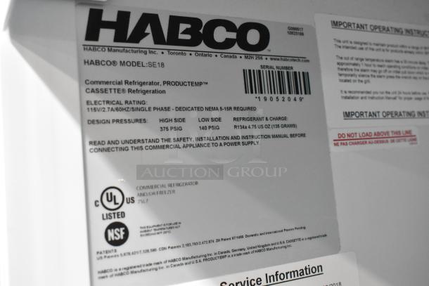 2019 Habco SE18 commercial cooler label showing model, electrical rating 115V, design pressures, and certifications.