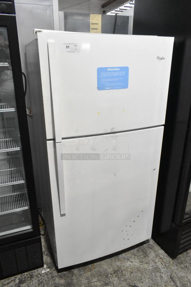 Whirlpool WRT511SZDW00 cooler with freezer, 115V, 1-phase. White exterior with visible minor scuffs, suitable for auctions.
