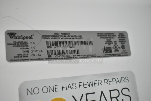Whirlpool WRT511SZDW00 cooler label, shows model, serial number, power details; 115V, single phase.