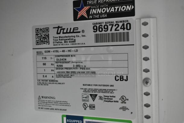 2019 True GDM-41SL-48-HC-LD 2-door cooler label, 115 volts, 1 phase, R290 refrigerant, made in USA.