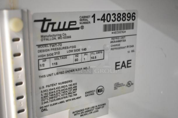 True TWT-72 commercial cooler label showing model, serial number, 115V, 1 phase, and NSF certification.
