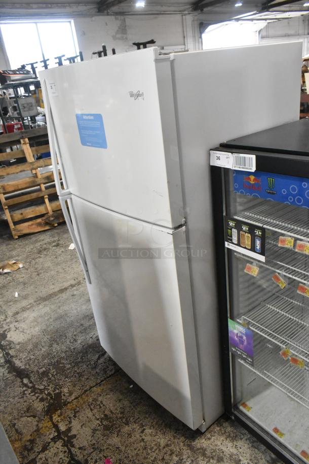 Whirlpool WRT511SZDW00 cooler with freezer, 115 volts, 1 phase, white finish, preloved condition with visible markings.