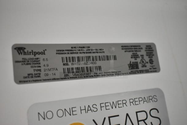 Whirlpool WRT511SZDW00 cooler label, model info, and serial number VS43695887, 115V, 1 phase, 6.5 amps.