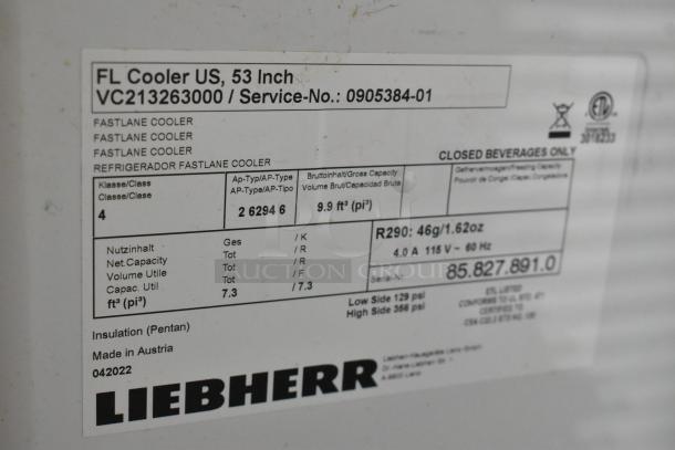 Liebherr VC213263000 label showing specifications: 53-inch FL Cooler, 115V, 1 Phase, 9.9 cu ft capacity, Made in Austria.