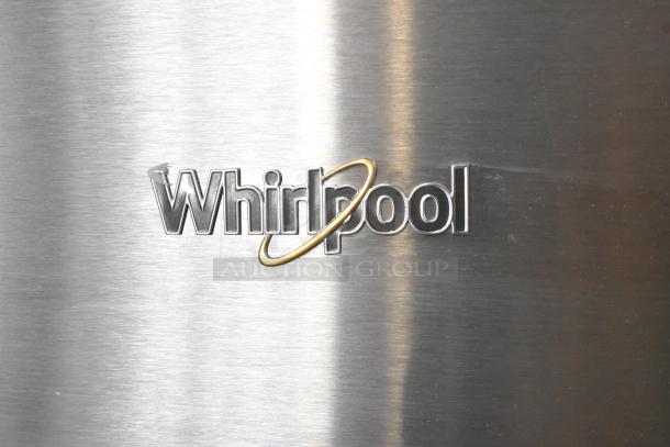 2025 Whirlpool 21MSTFATR6 stainless steel cooler with freezer, logo detail, 115 volts, single phase, pristine condition.