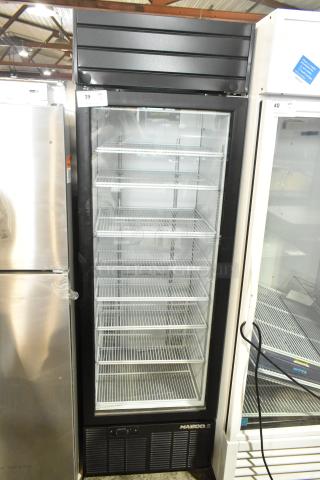2019 Habco SE18 commercial single door reach-in cooler, poly-coated racks, black metal, 115V, 1 phase, excellent condition.